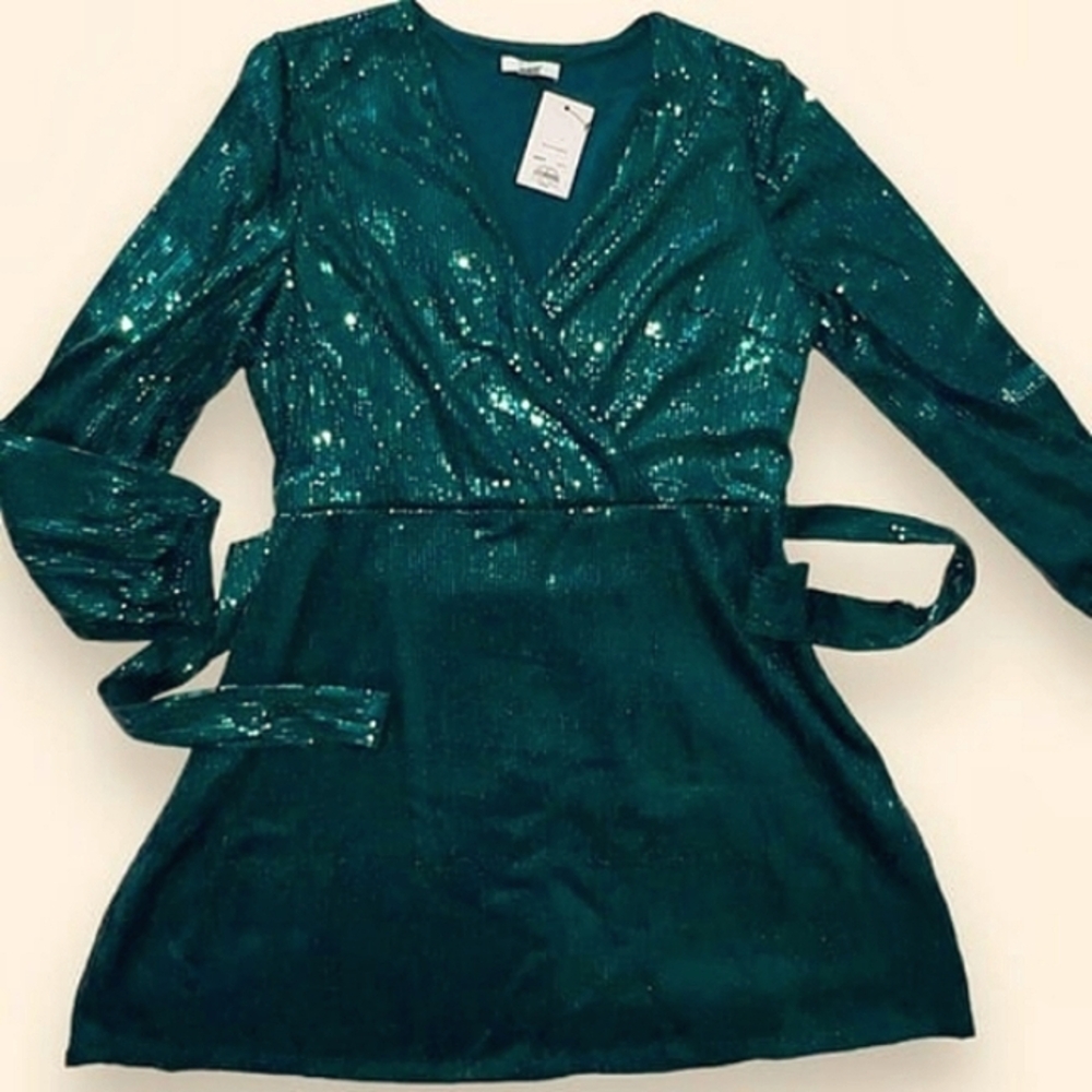 RESERVED Cara Santana x Nine West Womens Long Sleeve Sequin Faux-Wrap Emerald - Picture 5 of 7